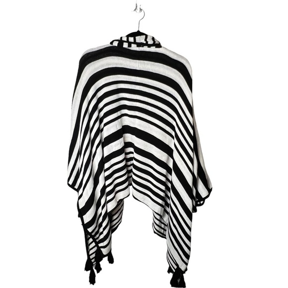 CHICO’S Sweater Poncho Shawl Cape Black/White Stripe Tassels One Size Blanket - Picture 6 of 8